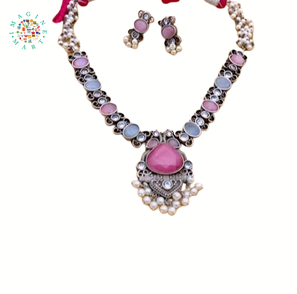 Elegant Silver Necklace Set Adorned with Fan Beaded Stones.