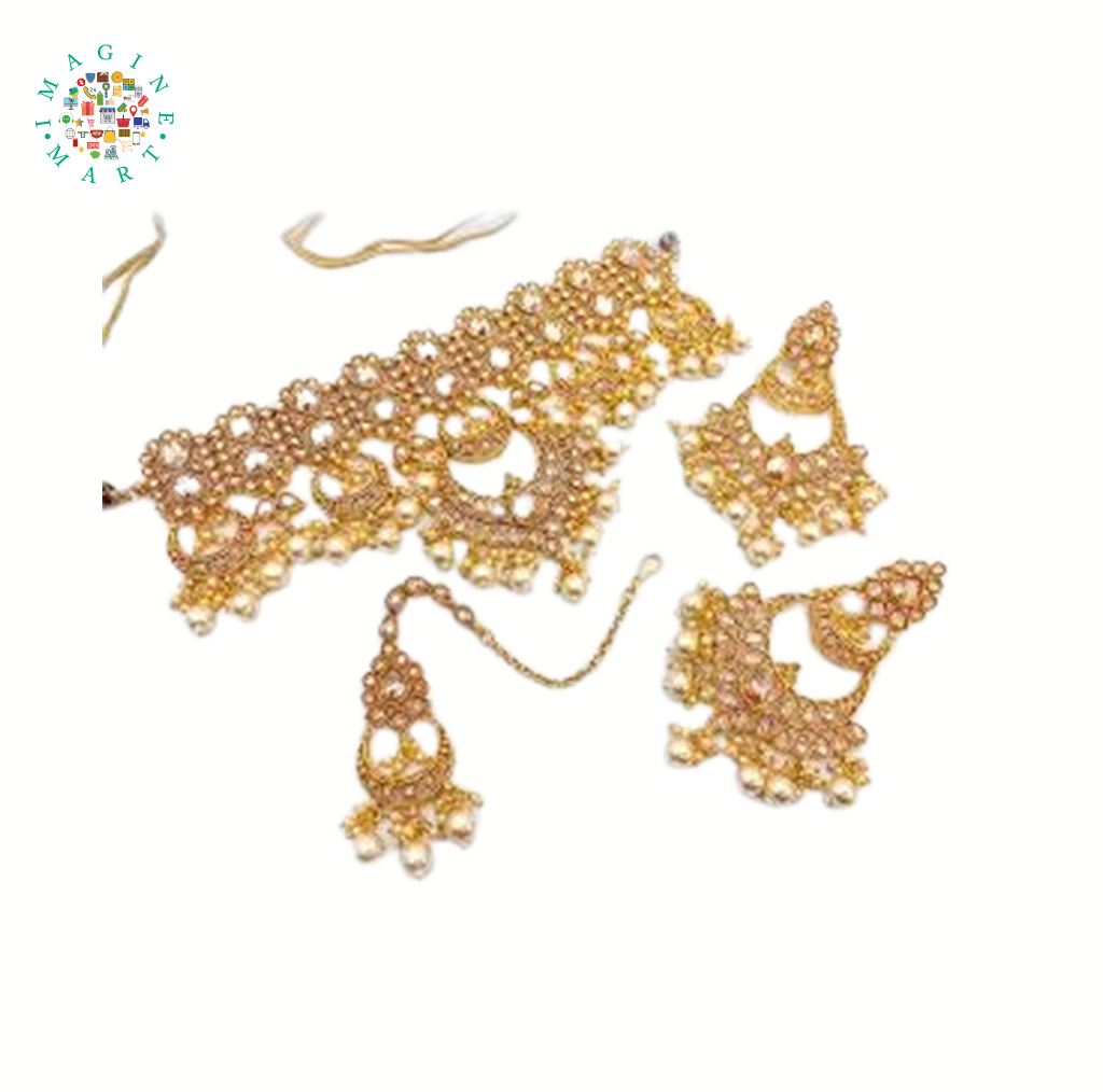 Golden Colour Artificial Necklace Set With Chand Bali Earrings & Mang Tikka.