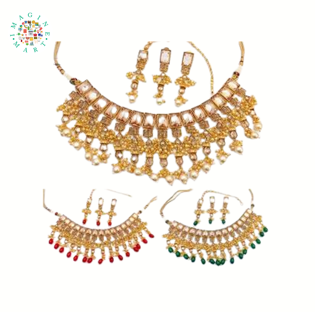 Choker Necklace with Hanging Pearls, Earrings & Mang tikka, Gold Plated Traditional Kundan Jewellery...