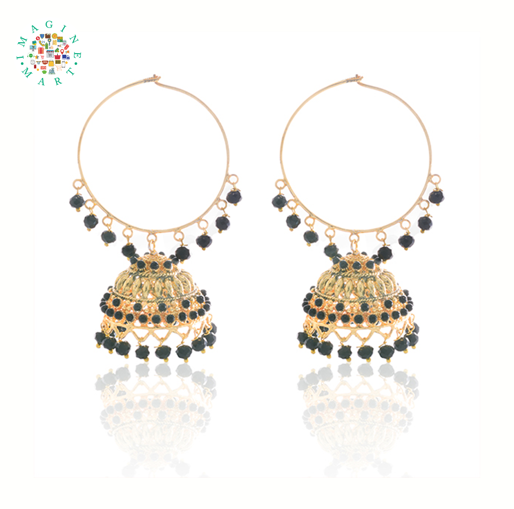 Black Beads Jadau Gold Polished Traditional Punjabi Earrings Bali Set