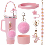 Stainless Steel Vacuum Insulated Cup Accessories 7-Piece Set (Note: Cup Accessories Do Not Include Cups) for Various Glasses, Water Bottles and Thermos Flasks - Fun Accessories for Girls with Stretch Lids, Fun Gifts