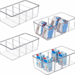 4 Pack Food Storage Organizer Bins, Clear Plastic Bins for Pantry, Kitchen, Fridge, Cabinet Organization and Storage, 4 Compartment Holder Packets, Snacks, Pouches, Spice Packets