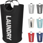 90L Large Laundry Basket, Collapsible Laundry Bag, Freestanding Tall Clothes Hamper, Foldable Washing Bin (Black)